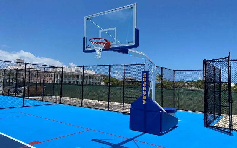 Portable basketball hoop with Dragons padding on a blue outdoor court