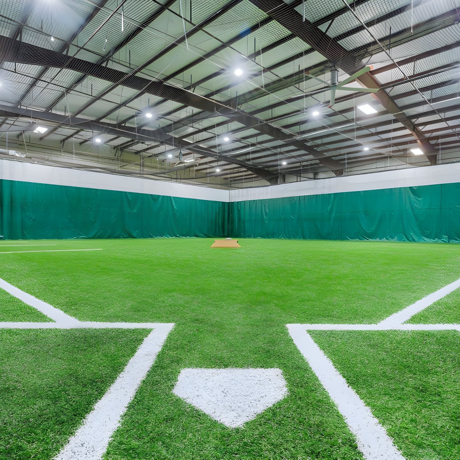 Home plate on indoor turf in a training facility