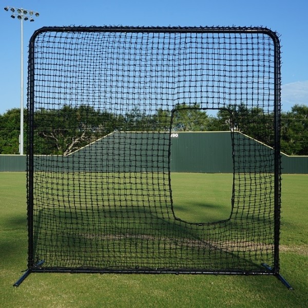 This softball pitching screen features a durable 2” powder-coated steel frame and 1.5” vinyl padding, ideal for safe, quiet batting practice in non-commercial settings