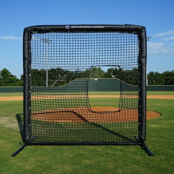 Designed for commercial use, this softball pitching screen features a durable 2” powder-coated steel frame and 1.5” vinyl padding for protection and noise reduction