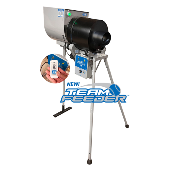 The 75 ball team feeder delivers pitches every 6–12 seconds and includes a wireless remote, safety light, anti-jam system, and non-slip belt