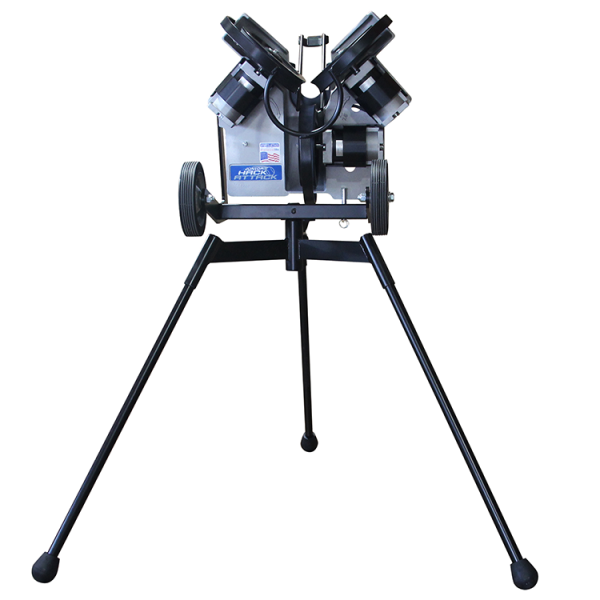 The Jr. Hack Attack Pitching Machine features a 3-wheel design for better pitch control and visibility, throws up to 70 mph with 5 pitch types, and doubles as a fungo machine
