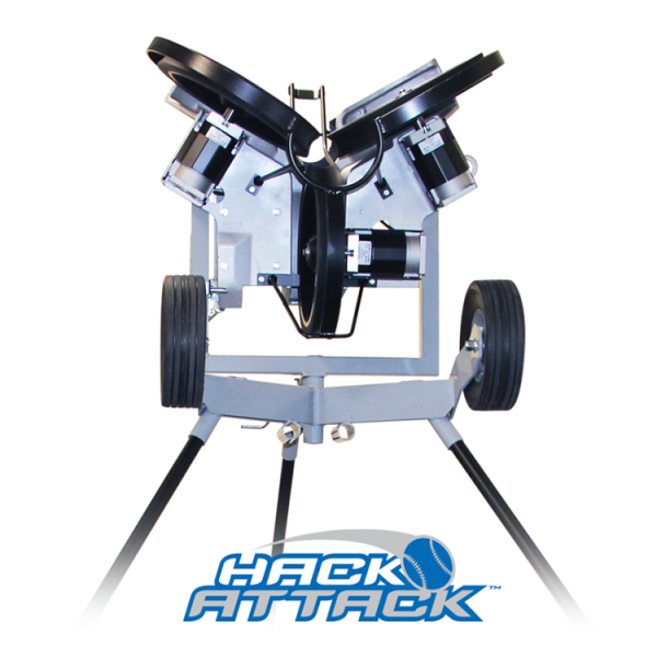 The Hack Attack Pitching Machine features a 3-wheel design for better pitch control and visibility, throws up to 100 mph with 5 pitch types, and doubles as a fungo machine