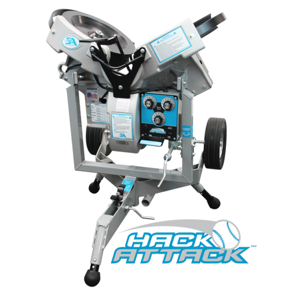 The Hack Attack Pitching Machine features a 3-wheel design for better pitch control and visibility, throws up to 80 mph with 5 pitch types, and doubles as a fungo machine