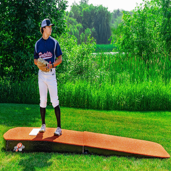 Measuring 10″ H x 4′ W x 10′ 6″ L, this lightweight, poly-coated mound is perfect for ages 14+ in gyms, bullpens, or batting practice and won’t scratch floors