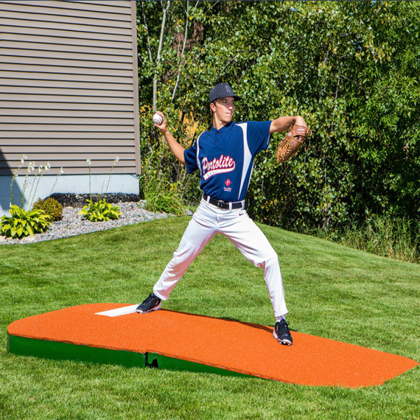 Measuring 10″ H x 5′ W x 10′ 6″ L and weighing 60 lbs per section, this portable mound grips gym floors without scratching and is perfect for 14+ batting practice, bullpens, and facilities