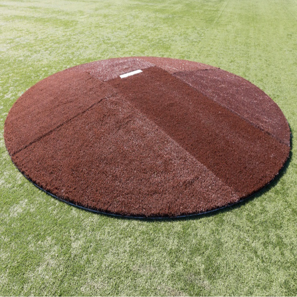 The Pitch Pro Model 1810 is an 18' full-size, 6-piece game mound built to MLB specs, featuring premium turf, durability, and ample space for pick-off moves