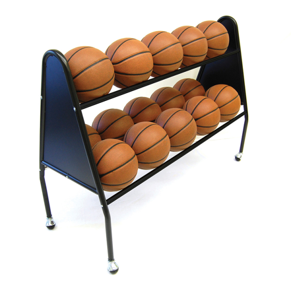 The ProCage 2-Tier Ball Cart features a sturdy 2-tier design with powder-coated ends, support tubes, and four HD swivel caster wheels, holding up to 15 basketballs