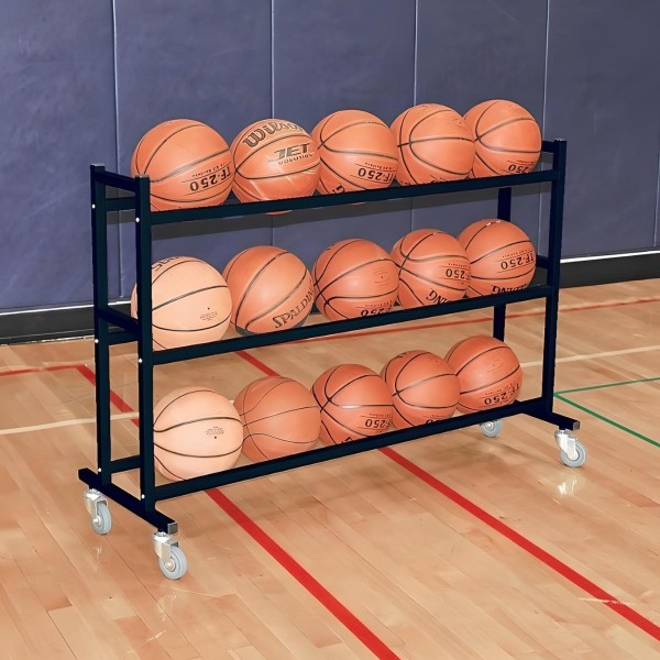 The ProCage 3-Tier Ball Cart features a durable, powder-coated 3-tier design with support tubes and four HD swivel caster wheels, holding up to 15 basketballs