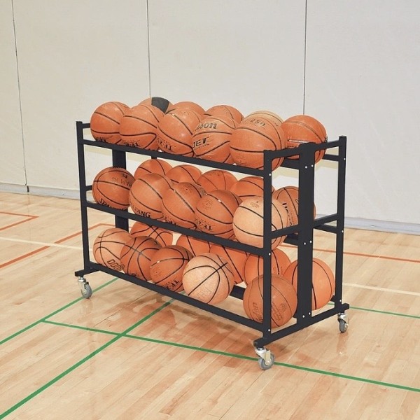 The Pro Double Wide Ball Cart features a durable, powder-coated double-wide design with support tubes and four HD swivel caster wheels, holding up to 30 basketballs