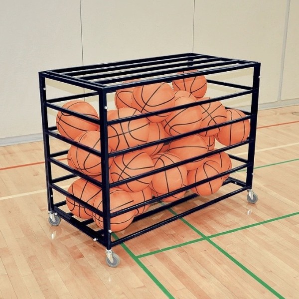 The Heavy Duty Secure Ball Locker is a fully powder-coated steel cart with a lockable hinged lid and four HD swivel caster wheels, holding up to 30 basketballs