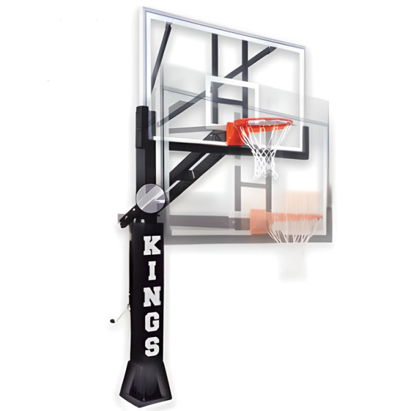 The Stainless Olympian Arena Bolt Down Hoop features a 6x8” stainless steel post, EZ-Crank height adjustability, and pro-style tempered glass backboard