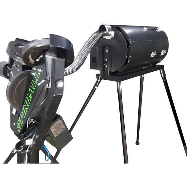 The Spinball Barrel Feeder holds up to 250 baseballs, works with standard or iPitch machines, and includes a wireless remote for timed, hands-free batting practice